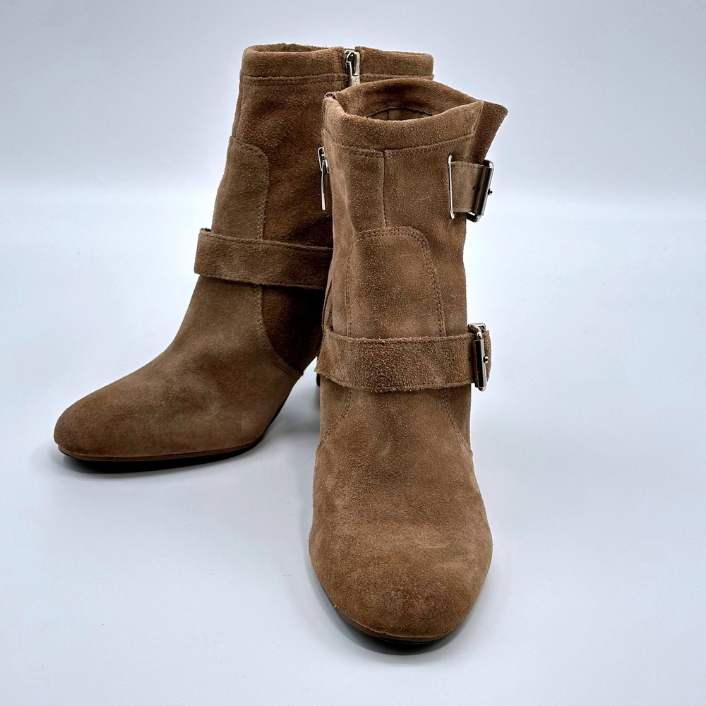 Vince Camuto Simlee Tan Suede‎ Moto Ankle Boots Buckle Block Heel Womens 10M